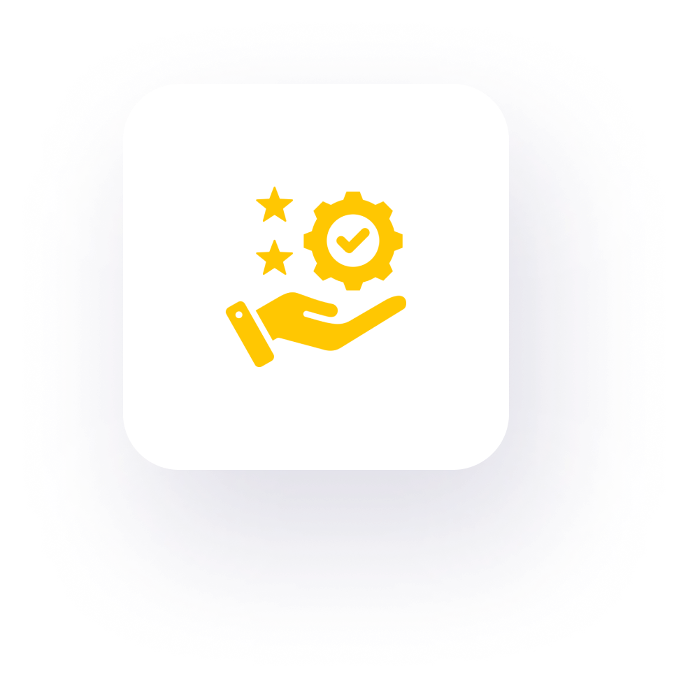 Yellow hand holding gear and stars icon.