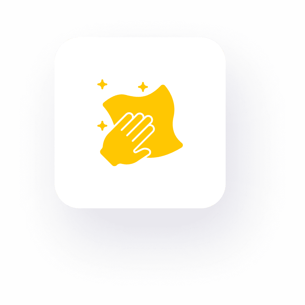 Yellow cleaning icon with hand and sparkles.